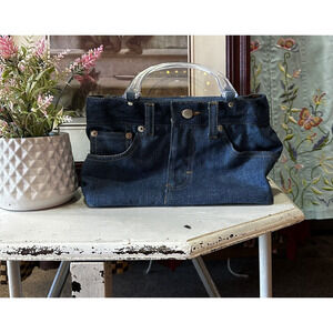 Vintage 70s Denim Jeans Purse Handbag Blue Acrylic Handle Retro Unique Rare